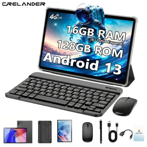Crelander T50 2-in-1 Android 13 Tablet – 16GB RAM (6+10) + 128GB Storage | 10.1” IPS Display, 13MP Camera, 4G LTE, 5G Wi-Fi, Keyboard & Pen Set