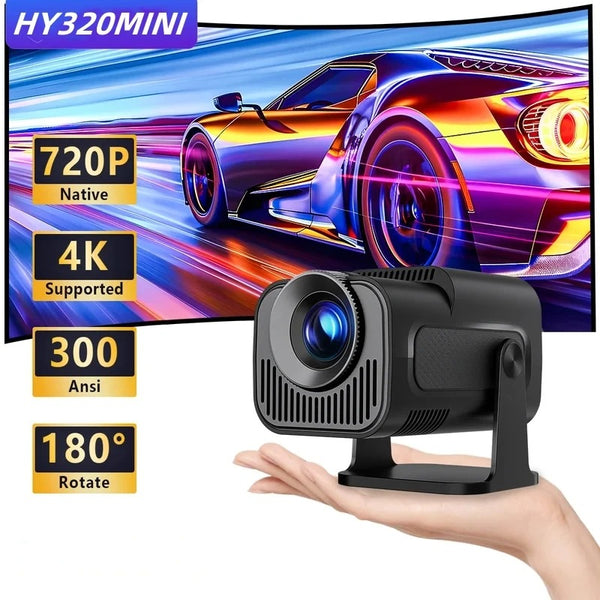 HY320 Mini Projector 720P Android 11 300ANSI WiFi6 BT5.0 4K Cinema Portable 180° Rotatable Home & Outdoor Theater