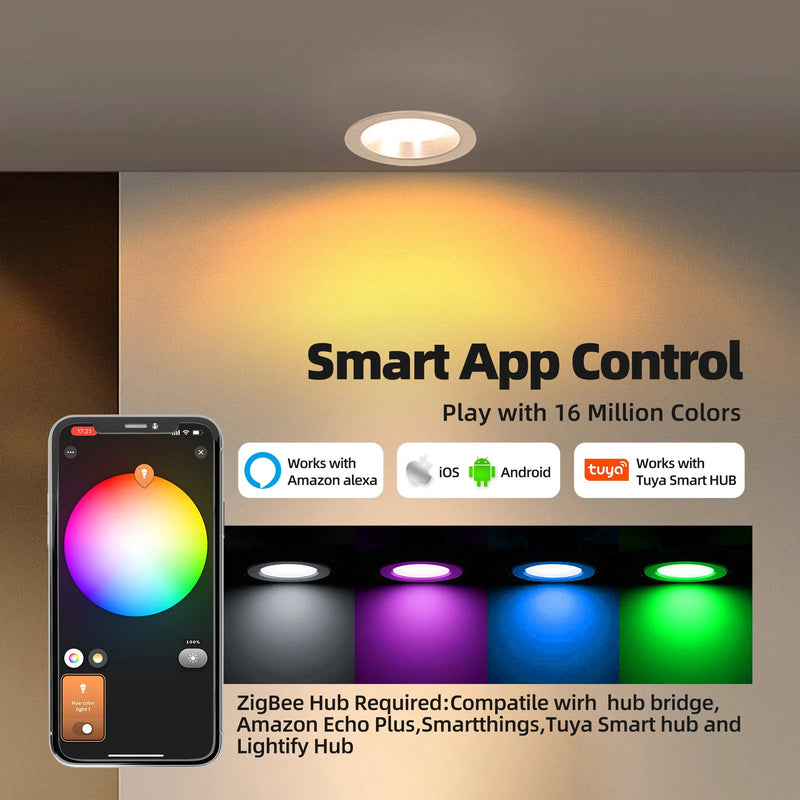 Smart Zigbee 3.0 LED Downlight RGB+CW+WW 4" Round Ceiling Light - Works with Hub, Echo Plus, Alexa Voice Control
