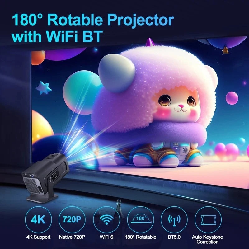 HY320 Mini Projector 720P Android 11 300ANSI WiFi6 BT5.0 4K Cinema Portable 180° Rotatable Home & Outdoor Theater